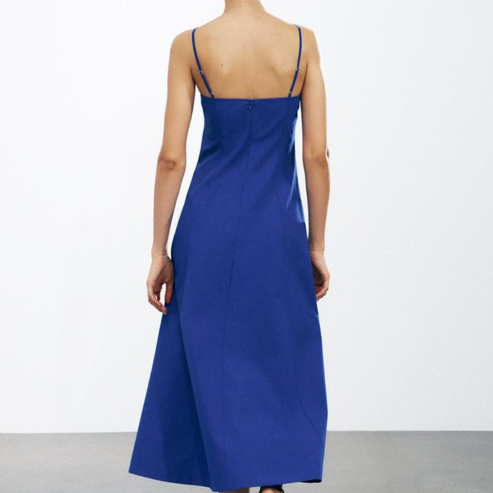 ZARA ZW Collection Poplin Midi Dress Blue Large Organic Cotton V‑Neck Spaghetti - Picture 4 of 13